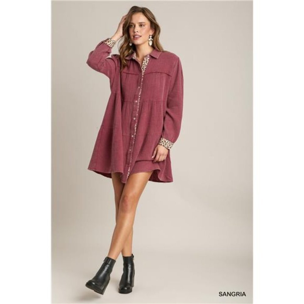 New Sangria Mineral Wash Cotton Gauze Tiered Dress For Women/ Above The Knee